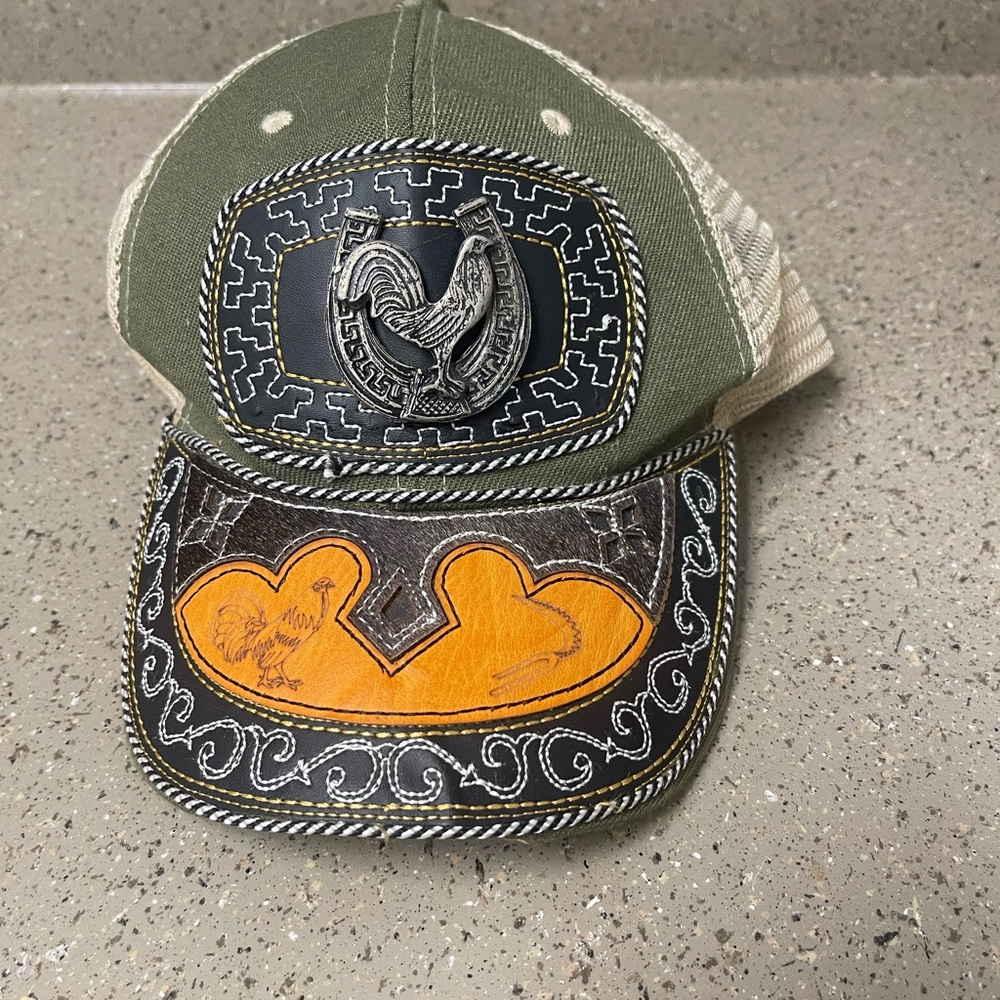 Green and Orange Trucker Hat with Rooster Patch